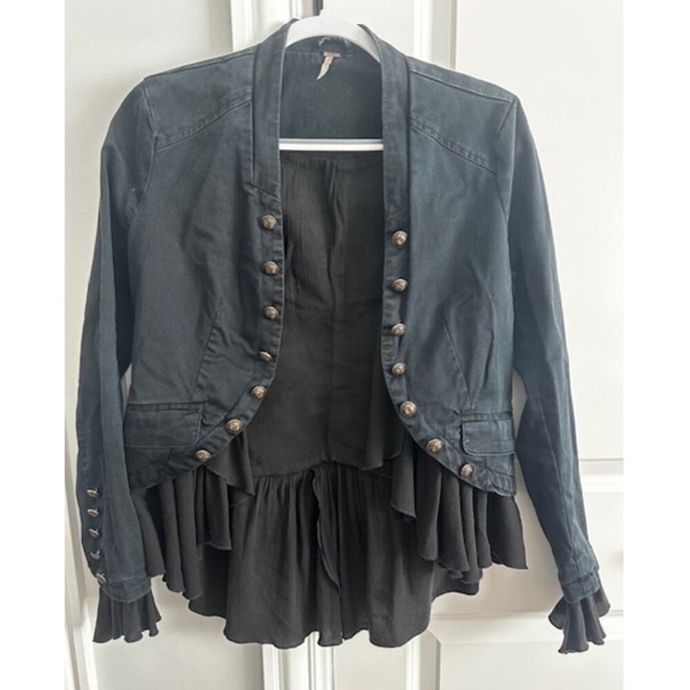 Free People Ruffled Military Romantic Jacket XS Washed Black - Picture 2 of 11